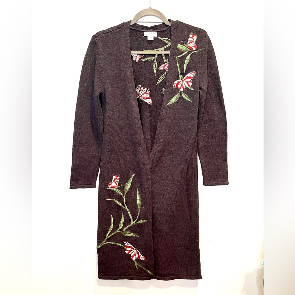 Style & Co. Grey Floral Embroidered Long Cardigan - Size Medium